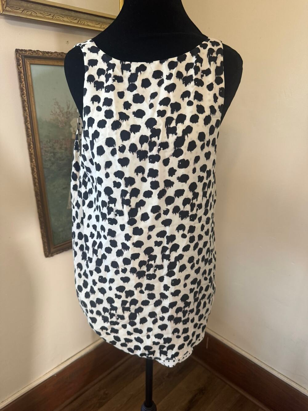 100% Silk A.L.C. Black White Spotted Sleeveless Blouse Top Medium